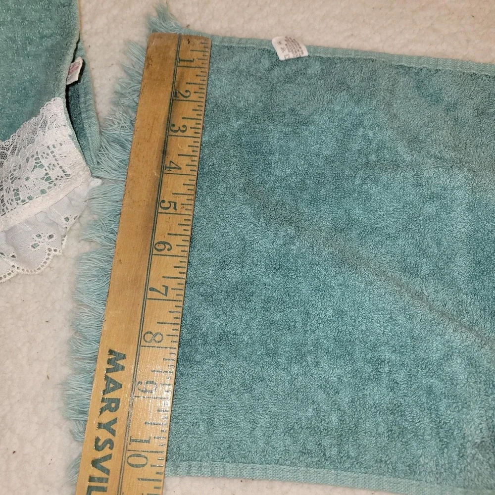 Vintage Cannon Lace Trim Hand Towels Seafoam Green Cotton‎ USA Set of 2